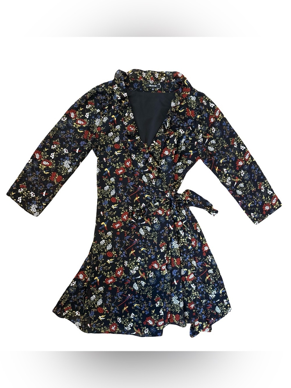 Madewell Medium Sheer-Sleeve Ruffled Wrap Dress in Finch Floral Black